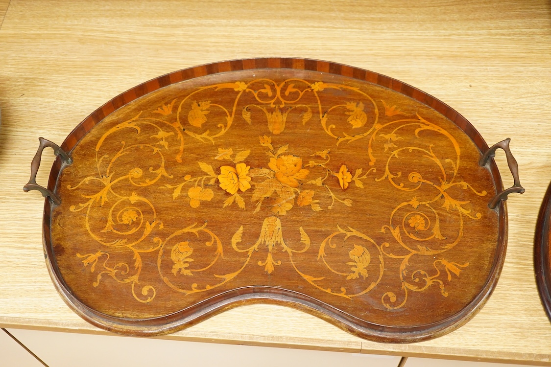 Two 19th century galleried trays, each inlaid, to include a kidney shaped example, largest 54cm wide